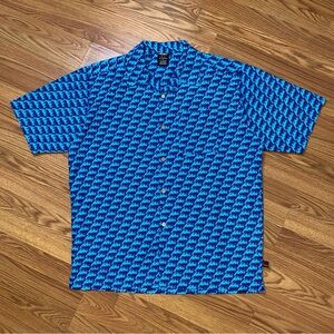 Vintage FUBU Vibrant Blue Spell Out Logo Hawaiian Shirt Large Hip Hop Streetwear